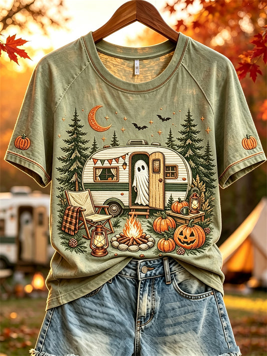 Women's Halloween Ghost Fall RV Camping Print short sleeve T-shirt