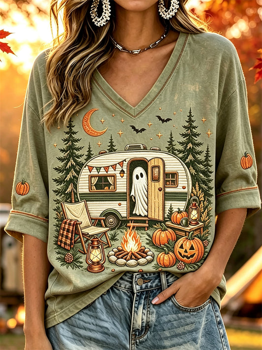 Women's Halloween Ghost Fall RV Camping Print Mid-length Sleeves V-Neck T-Shirt