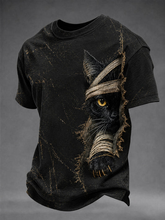 Men's Halloween Gothic Bandage Black Cat Art Short-Sleeve T-shirt