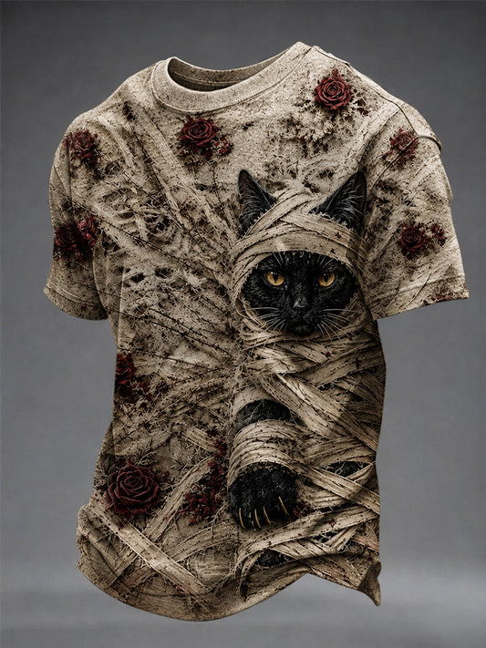 Men's Halloween Gothic Bandage Black Cat Rose Art Short-Sleeve T-shirt