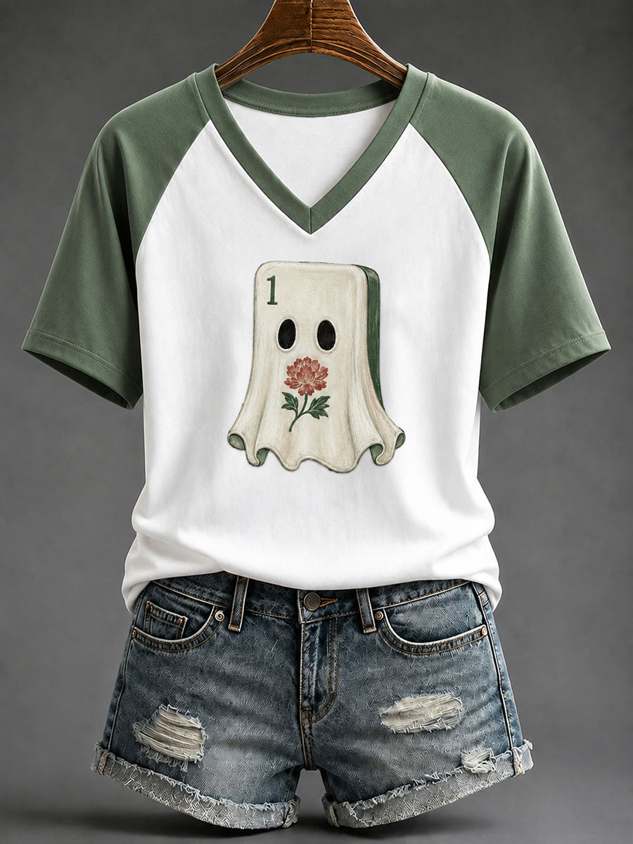 Women's Halloween Mahjong Night Printed Casual T-Shirt
