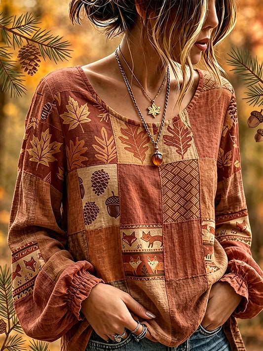 Women's Cottagecore Fall Patchwork Print Cotton-Linen Shirt