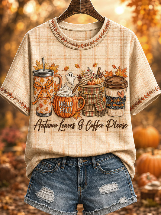 Women's Autumn Leaves & Coffee Please Print Casual Tee