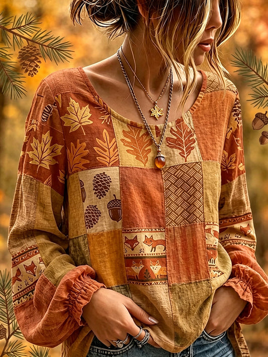 Women's Cottagecore Fall Patchwork Print Cotton-Linen Shirt
