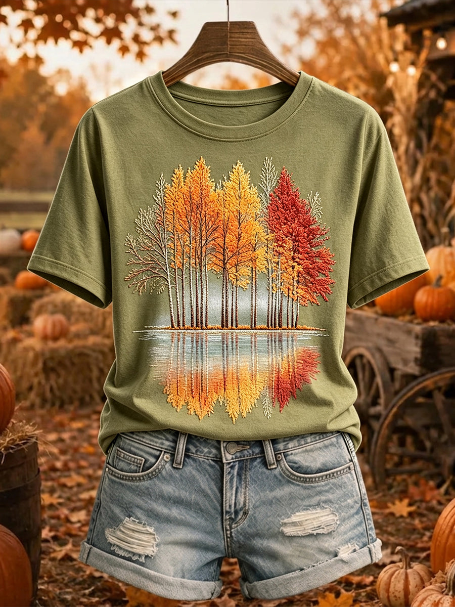 Women's Vintage Autumn Trees Print Cozy Short-sleeved T-shirt