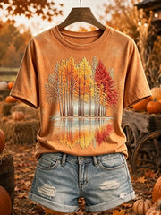 Women's Vintage Autumn Trees Print Cozy Short-sleeved T-shirt