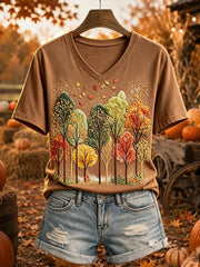 Women's Vintage Autumn Tree Print Short-sleeved T-shirt