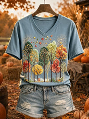 Women's Vintage Autumn Tree Print Short-sleeved T-shirt