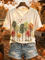 Women's Vintage Autumn Tree Print Short-sleeved T-shirt