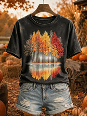 Women's Vintage Autumn Trees Print Cozy Short-sleeved T-shirt