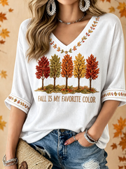 Women's Fall Is My Favorite Color Printed Mid-length Sleeves V-Neck T-Shirt
