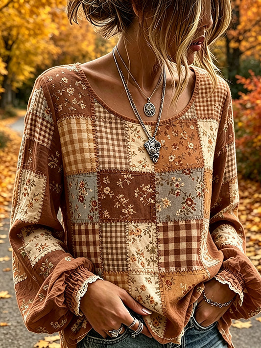 Women's Cottagecore Fall Patchwork Print Cotton-Linen Shirt