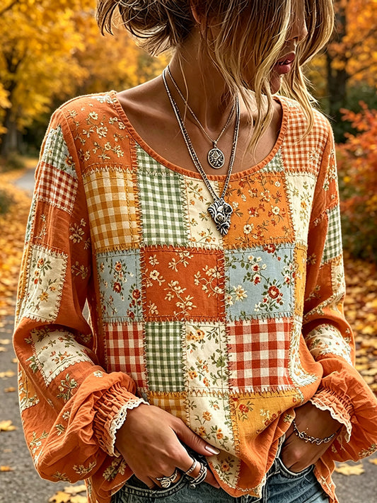 Women's Cottagecore Fall Patchwork Print Cotton-Linen Shirt