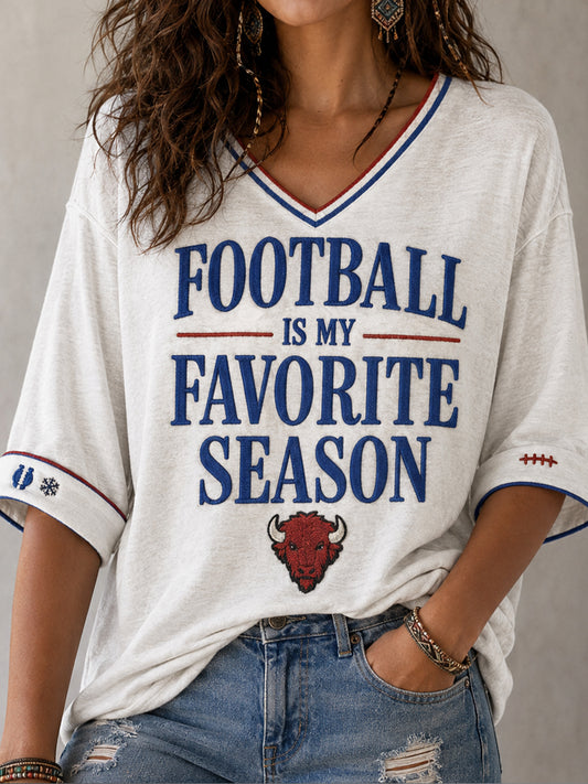 Women's Football Lover Bulls Buffalo Art Printed Linen T-shirt