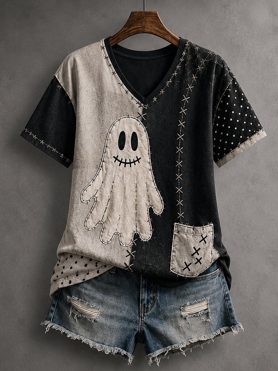 Women's Halloween Patchwork Ghost Print Casual V-Neck Tee