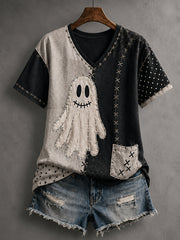Women's Halloween Patchwork Ghost Print Casual V-Neck Tee