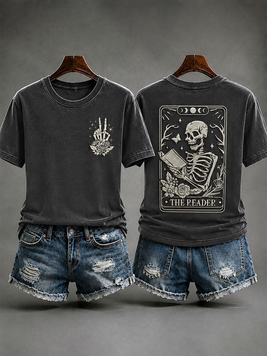 Women's Skull Reading Tarot Card Casual T-shirt