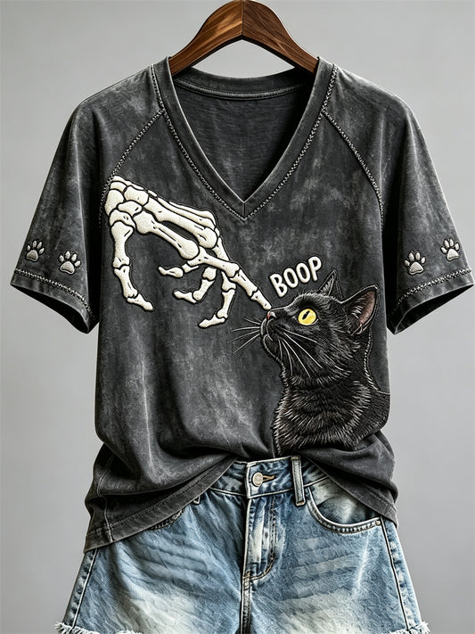 Women's Boop Halloween Skeleton & Black Cat Print short-sleeved T-shirt