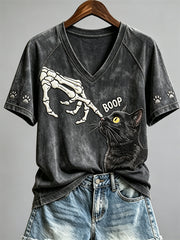 Women's Boop Halloween Skeleton & Black Cat Print short-sleeved T-shirt