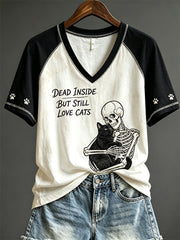 Women's Dead Inside But Still Love Cats Skeleton & Black Cat Print short-sleeved T-shirt