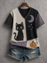 Women's Halloween Patchwork Ghost Print Casual V-Neck Tee