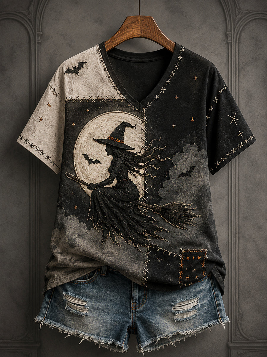 Women's Halloween Patchwork Witch Print Casual V-Neck Tee