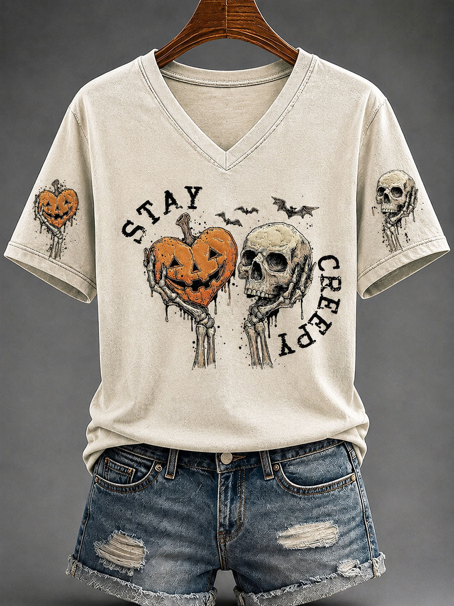 Women's"Stay Creepy" Fun Skull Pumpkin Halloween Casual T-shirt