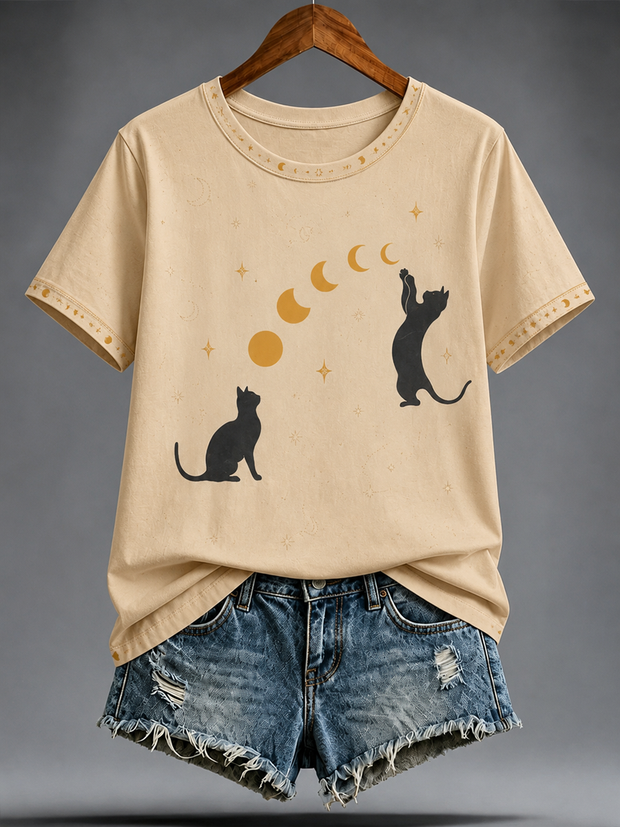 Women's Cute cat printed short-sleeved T-shirt