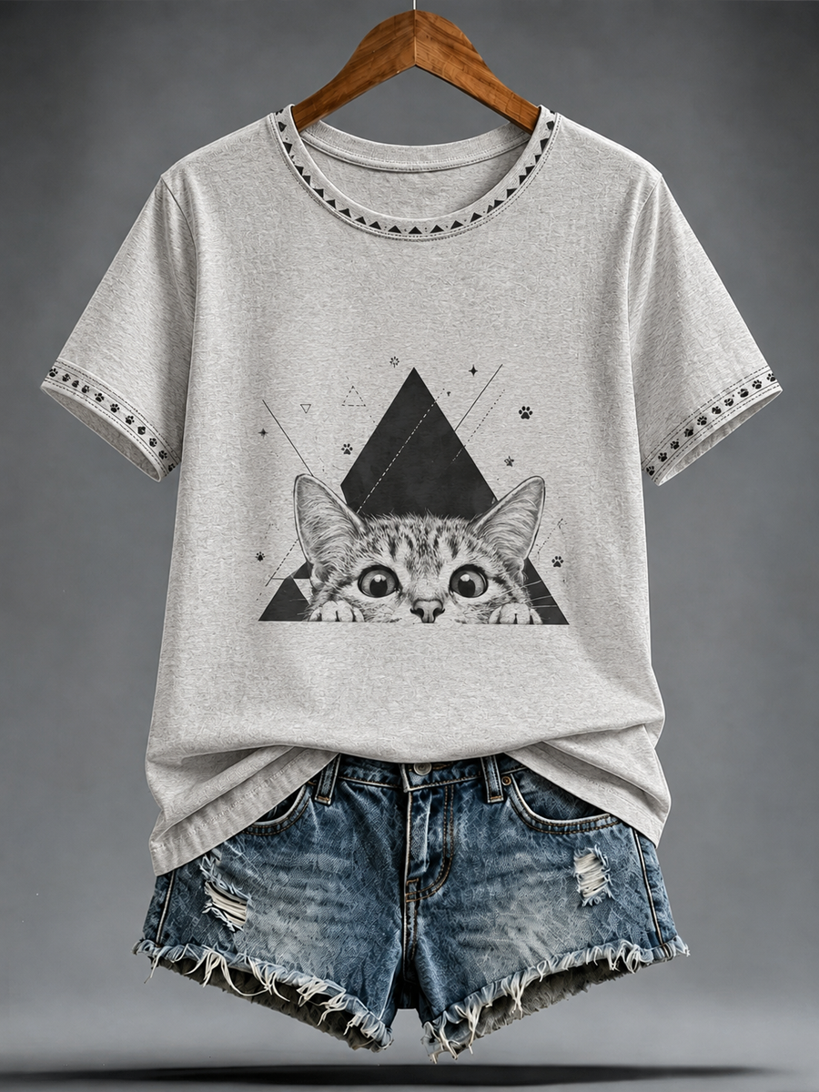 Women's Cute cat printed short-sleeved T-shirt