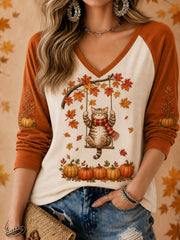 Women's Cute Fall Cat Print Casual Long Sleeve T-Shirt