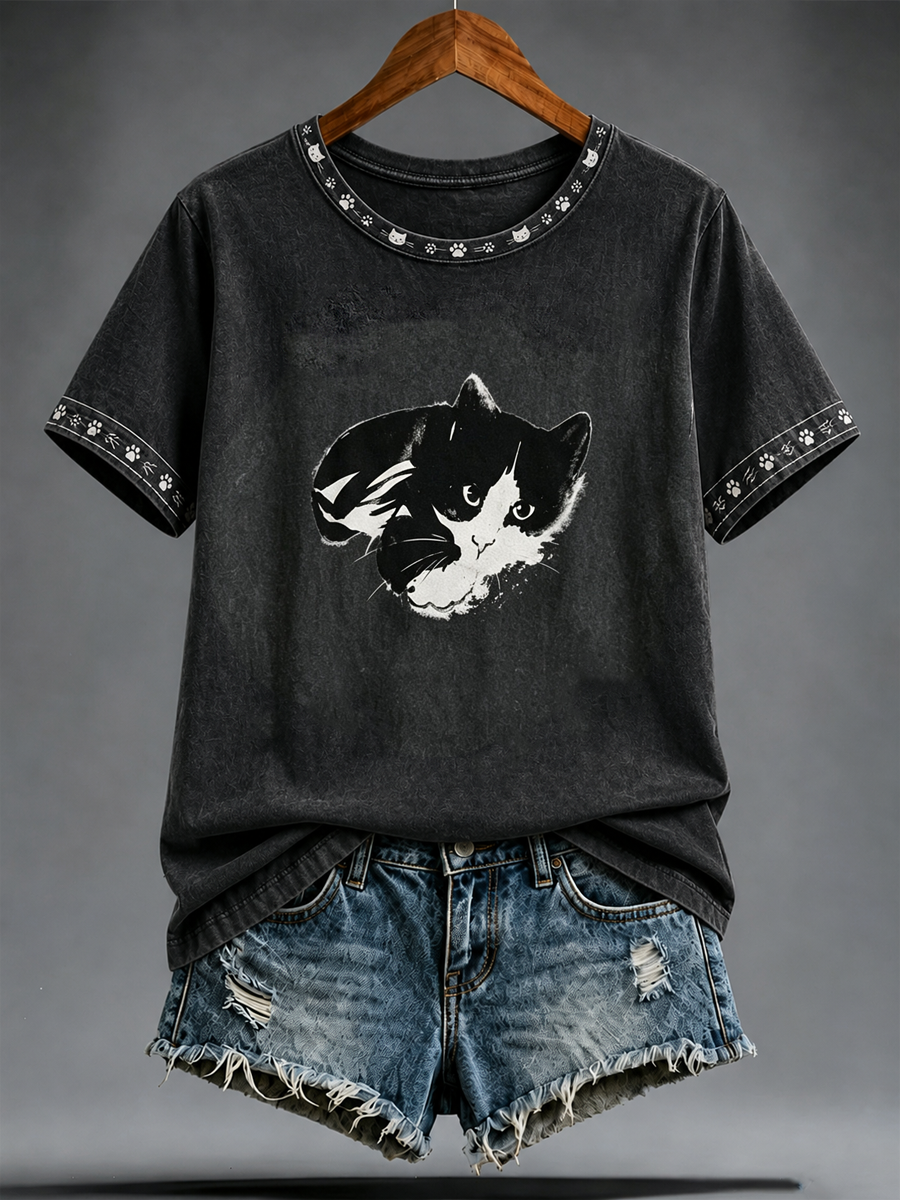 Women's Cute cat printed short-sleeved T-shirt