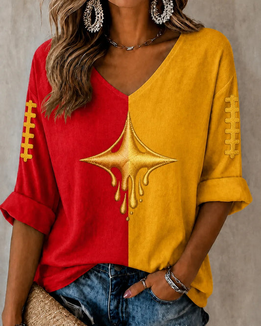 Women's Pittsburgh Football Mid-length Sleeves V-Neck T-Shirt