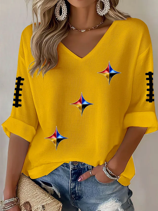 Women's Pittsburgh Football Mid-length Sleeves V-Neck T-Shirt