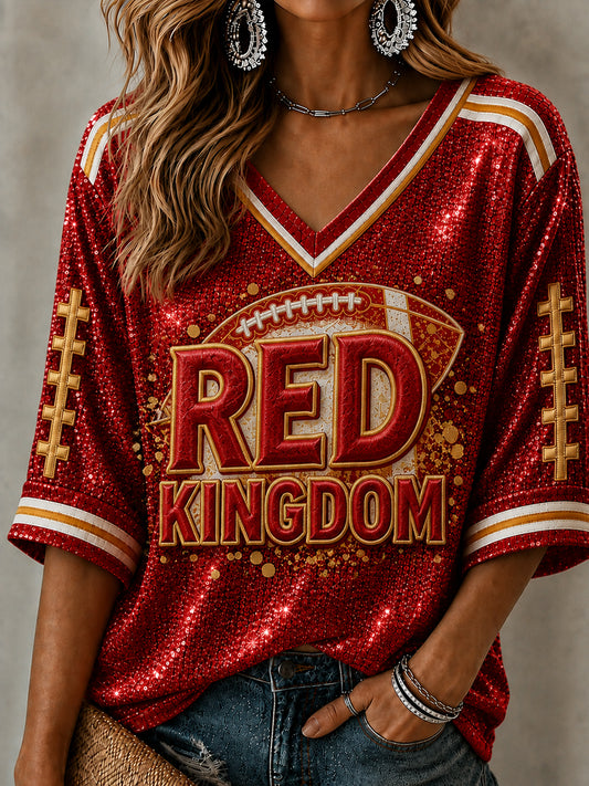 Women's Football Gameday Gift For Football Fans Mid-length Sleeves V-Neck T-Shirt