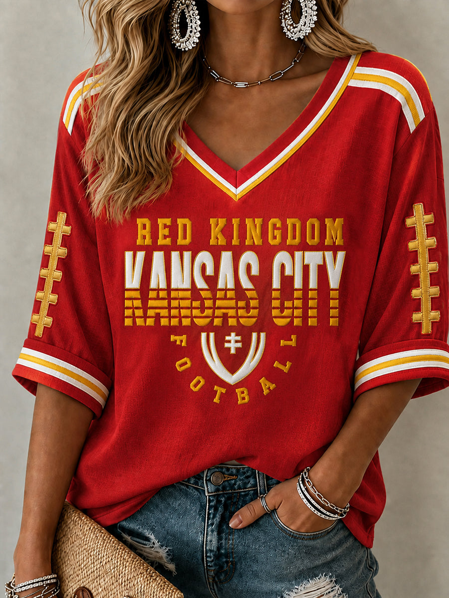 Women's Football Gameday Gift For Football Fans Mid-length Sleeves V-Neck T-Shirt