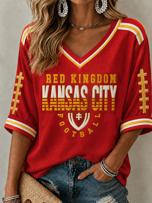Women's Football Gameday Gift For Football Fans Mid-length Sleeves V-Neck T-Shirt