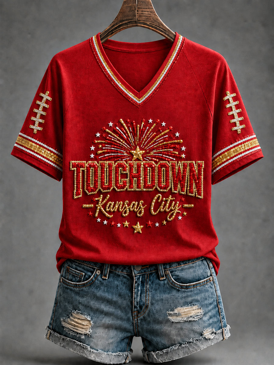 Women's Football Gameday Gift For Football Fans V-neck Short Sleeve T-shirt
