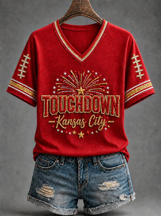 Women's Football Gameday Gift For Football Fans V-neck Short Sleeve T-shirt