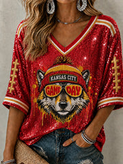 Women's Football Gameday Gift For Football Fans Mid-length Sleeves V-Neck T-Shirt