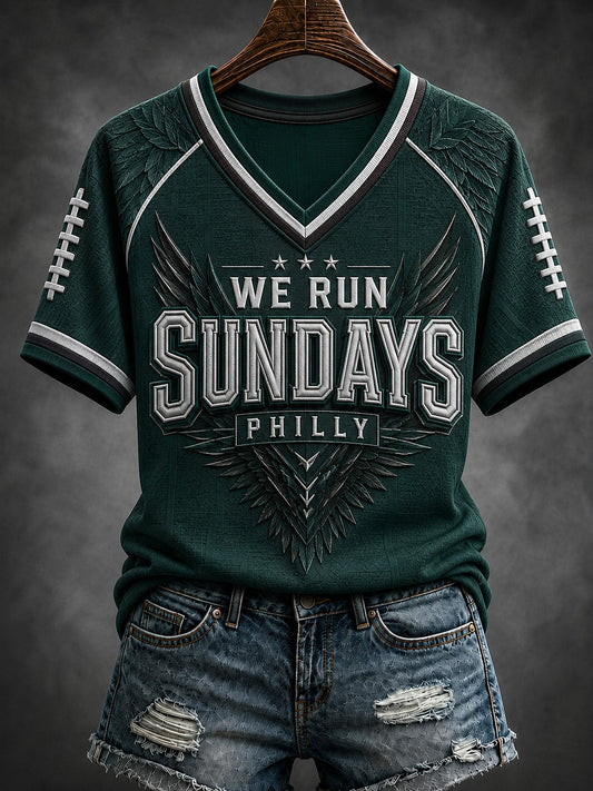Women's Football Philly WE RUN SUNDAYS Printed V-neck T-shirt