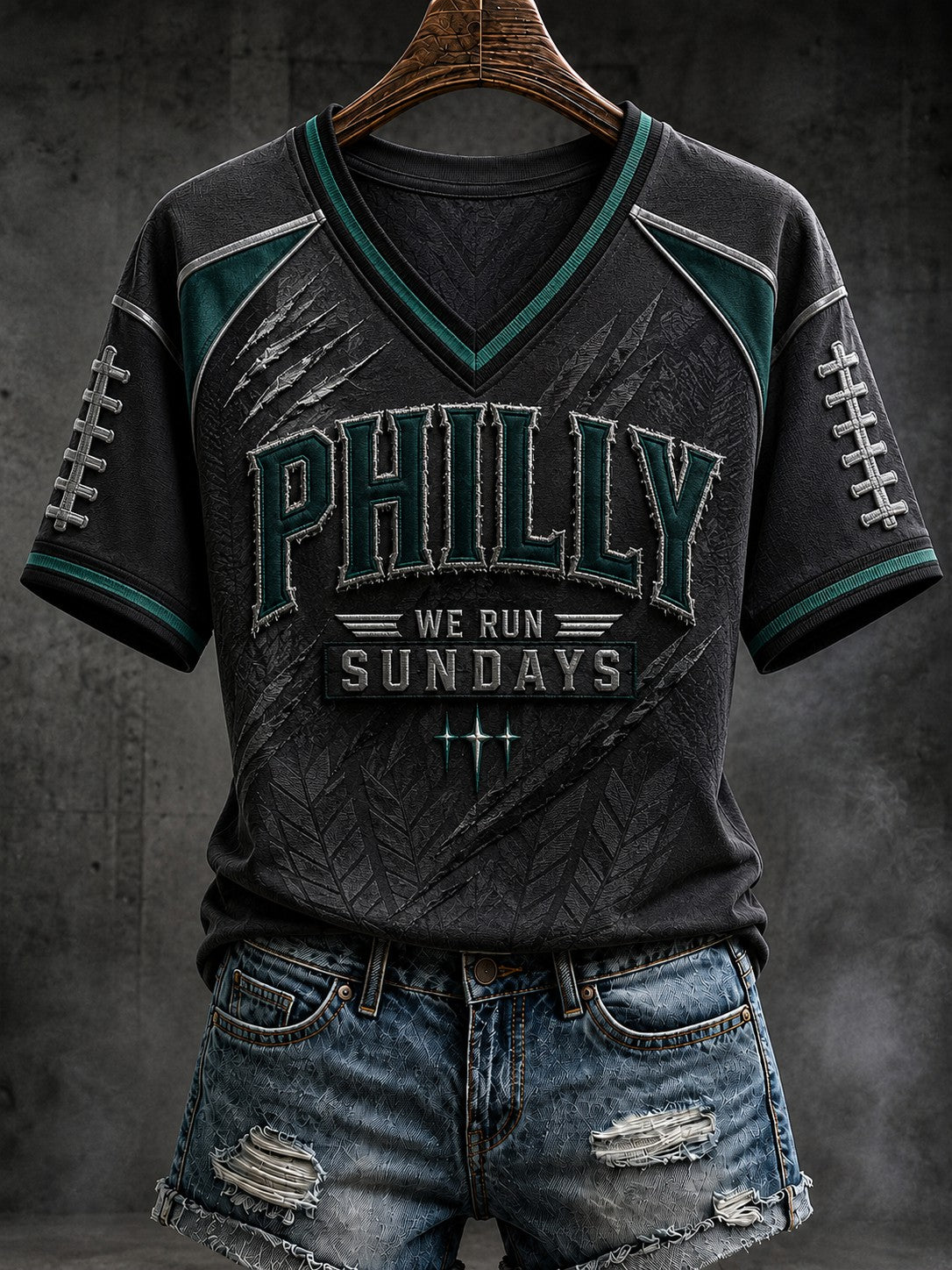 Women's Football Philly WE RUN SUNDAYS Printed V-neck T-shirt