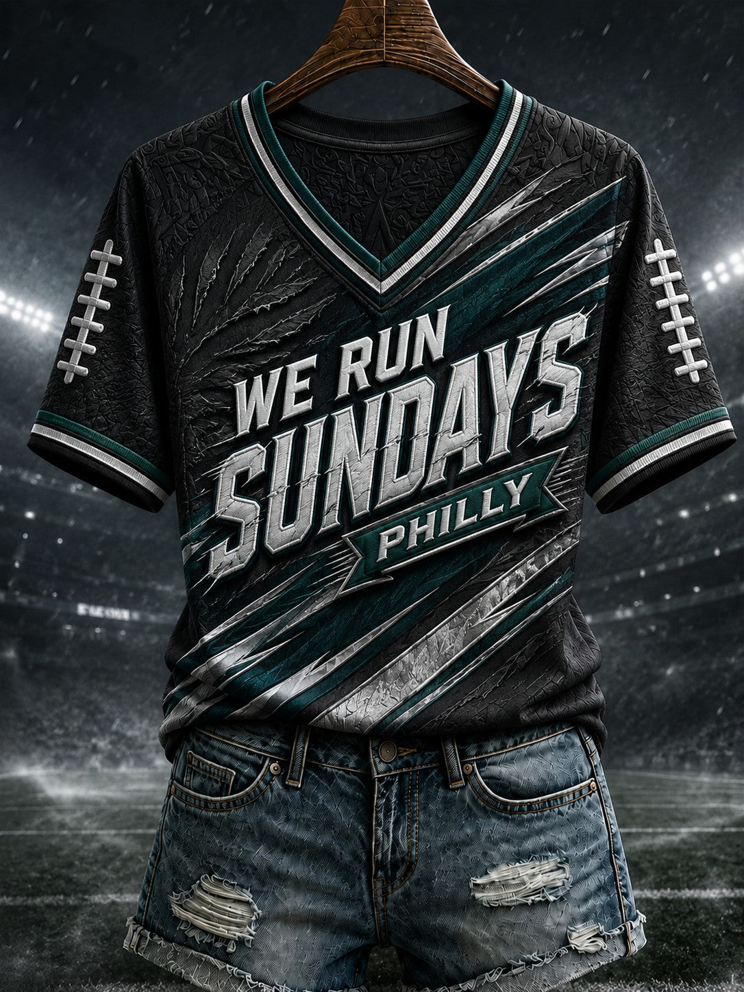 Women's Football Philly WE RUN SUNDAYS Printed V-neck T-shirt