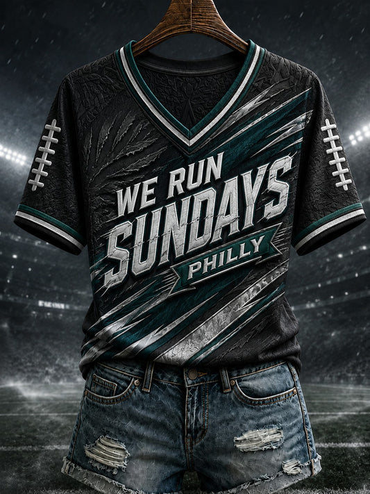 Women's Football Philly WE RUN SUNDAYS Printed V-neck T-shirt