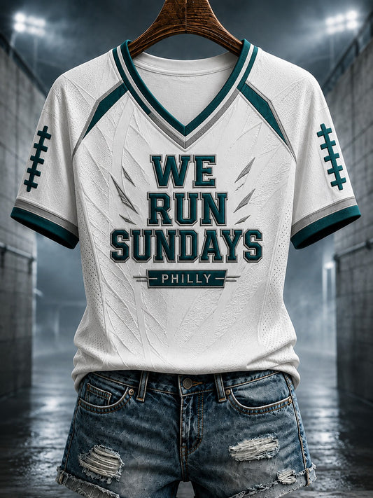 Women's Football Philly WE RUN SUNDAYS Printed V-neck T-shirt