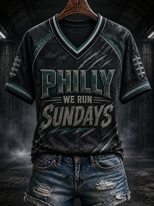 Women's Football Philly WE RUN SUNDAYS Printed V-neck T-shirt