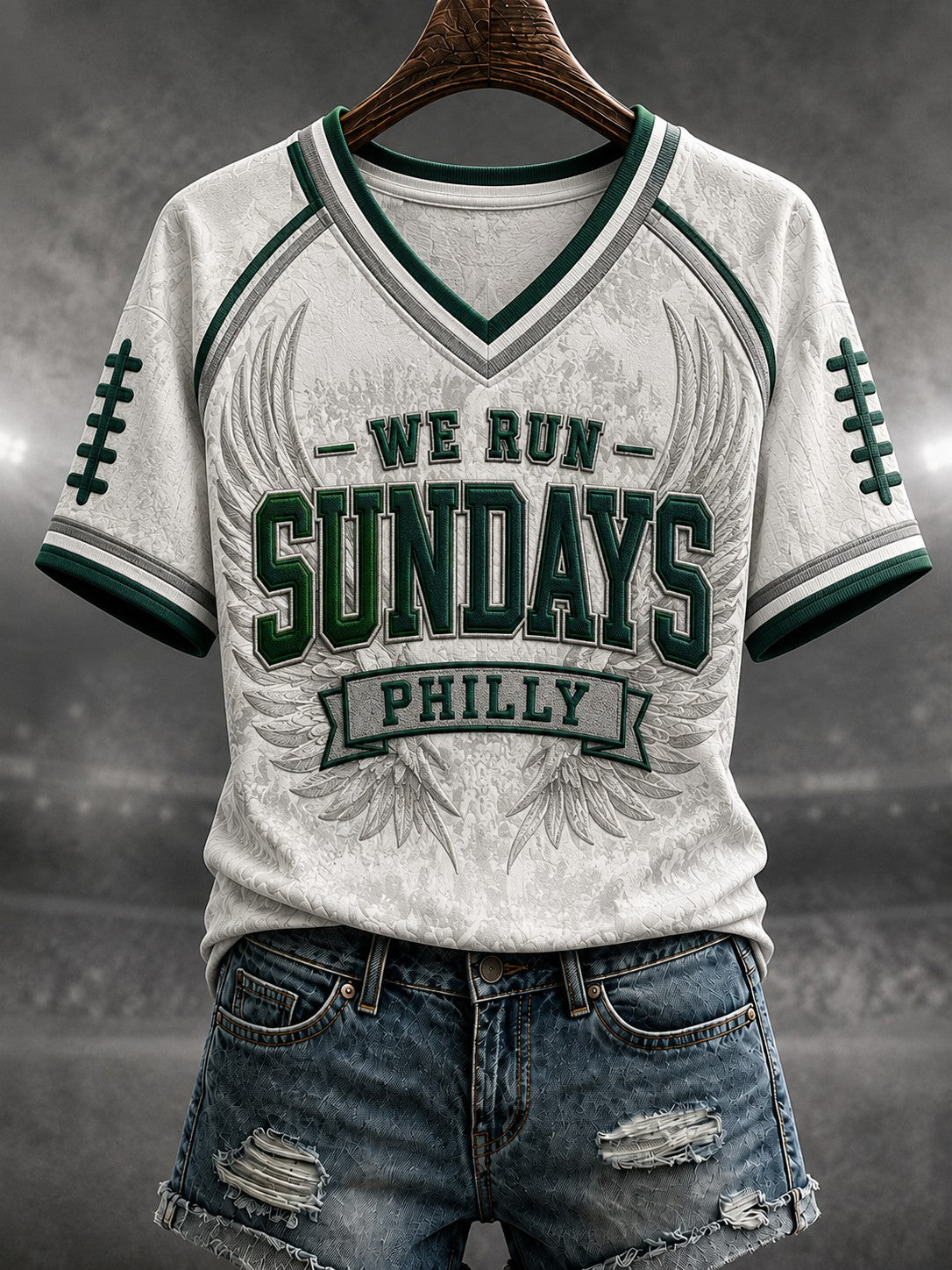 Women's Football Philly WE RUN SUNDAYS Printed V-neck T-shirt