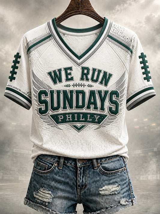 Women's Football Philly WE RUN SUNDAYS Printed V-neck T-shirt