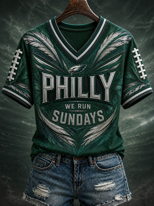 Women's Football Philly WE RUN SUNDAYS Printed V-neck T-shirt