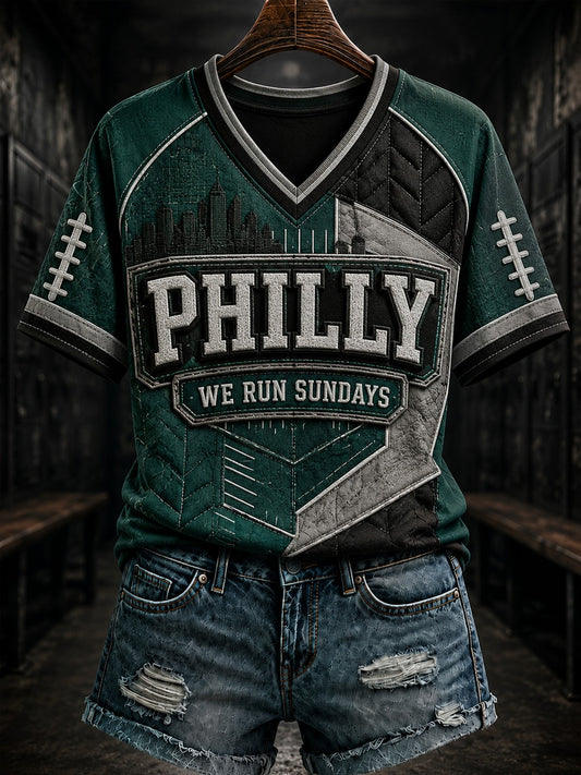 Women's Football Philly WE RUN SUNDAYS Printed V-neck T-shirt
