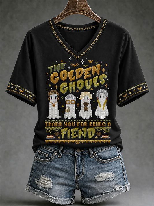 Women's The Golden Ghouls Print Casual V-Neck Tee